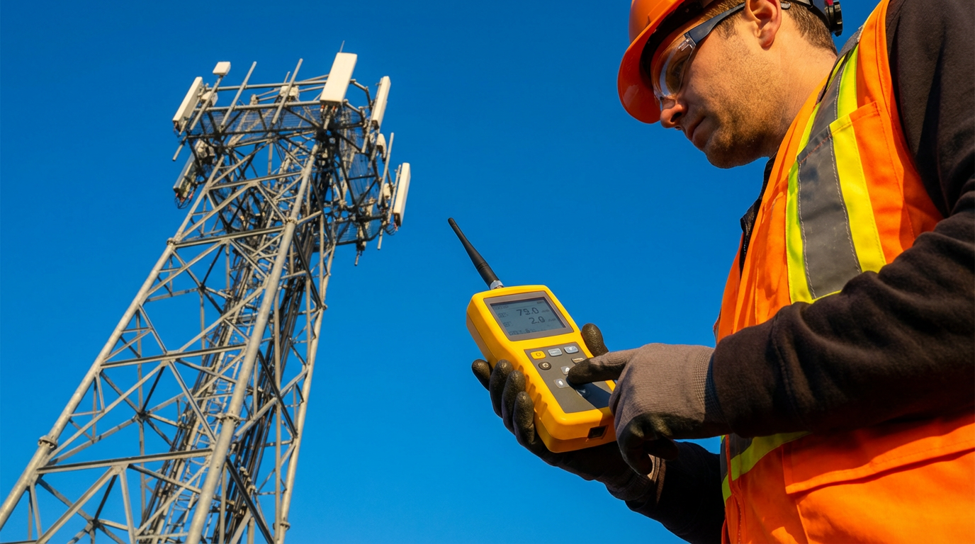 Engenheiro realizando medição de radiação em torre de celular